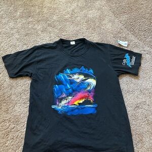 Black Marlin Graphic T-Shirt with Colorful Sunset Size Large - Australian Brand